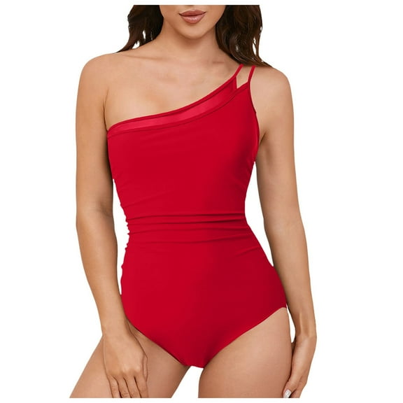 yueewhu Women Tummy Control One Piece Swimsuit Mesh One Shoulder Bathing Suit Modest Full Coverage Swimwear (Red, XL)