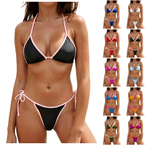 yueewhu Women Two Piece Swimsuit Color Block Swimwear Halter String Triangle Bikini Sets (Blue, XS)
