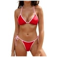 thumbnail image 1 of yueewhu Women Two Piece Swimsuit Color Block Swimwear Halter String Triangle Bikini Sets (Red, M), 1 of 9