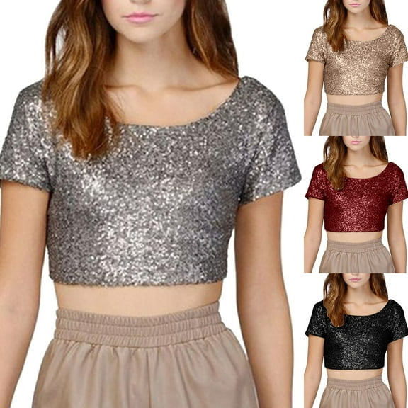 yueewhu Women's 2026 Backless Crop Tops for Women Sexy Going Out Loose Running Cropped T Shirts Casual Glitter Half Shirts (Red, L)