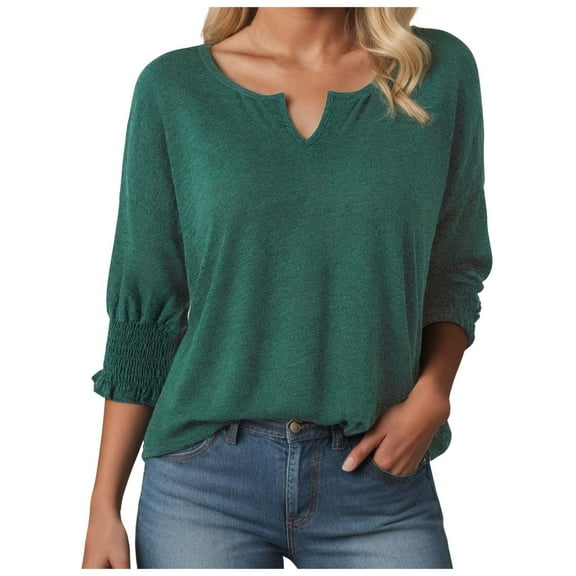 yueewhu Women's 3/4 Sleeve V Neck T Shirts Ruffle Sleeve Summer Casual Tops (Green, XL)