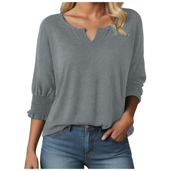 yueewhu Women's 3/4 Sleeve V Neck T Shirts Ruffle Sleeve Summer Casual Tops (Grey, L)