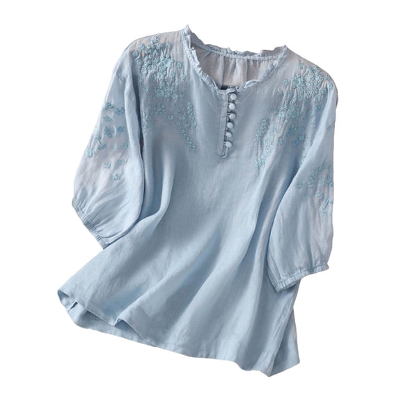 yueewhu Women's Button Short Sleeve Shirts Summer Loose Crew Neck Casual Boho Top Vintage Embroidered Blouse Tops (Blue, L)