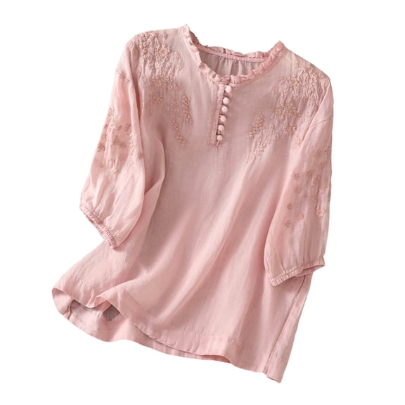 yueewhu Women's Button Short Sleeve Shirts Summer Loose Crew Neck Casual Boho Top Vintage Embroidered Blouse Tops (Pink, M)