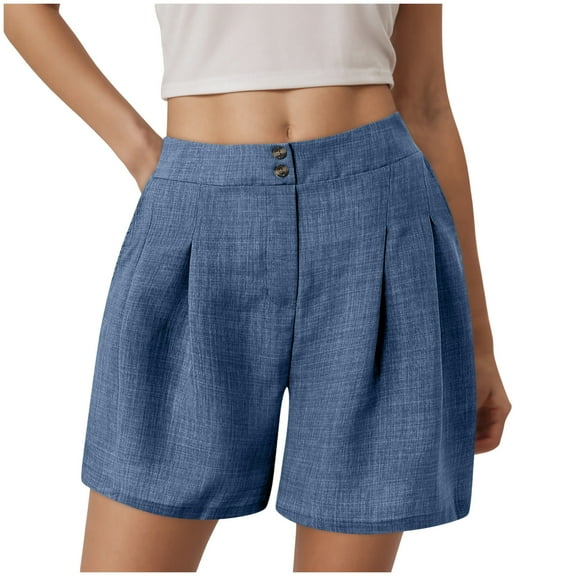 yueewhu Women's Casual High Waisted Wide Leg Pleated Dressy Summer Workwear Shorts with Pockets (Dark Blue, M)