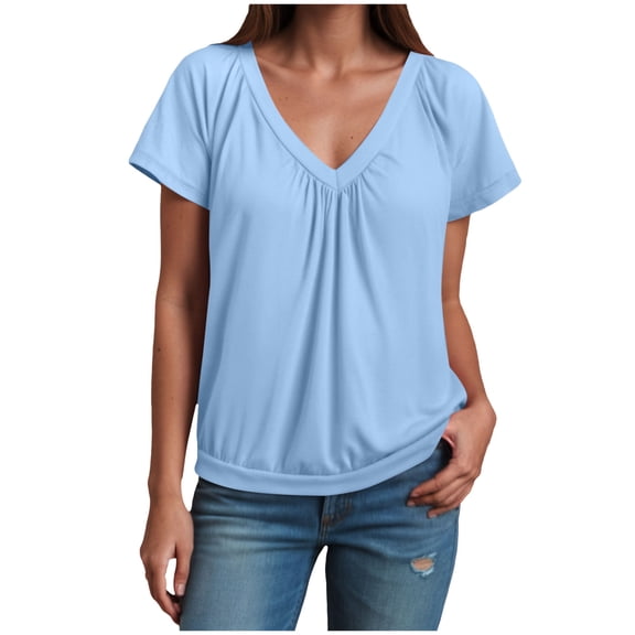 yueewhu Women's Casual Summer T Shirts Short Sleeve V Neck Tops Tshirts (Light Blue, L)