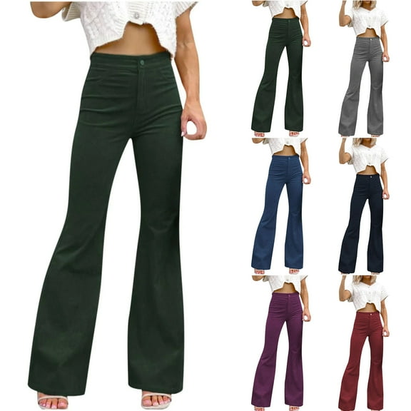 yueewhu Women's Corduroy Flare Pants Elastic Waist Bell Bottom Trousers 2026 Fall Pants (Red, XXL)