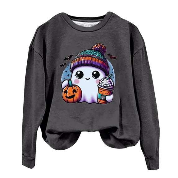 yueewhu Women's Halloween Sweatshirt Cute Ghost Graphic Pullover Tops Funny Novelty Pumpkin Print Crewneck Sweatshirts (Z01-Dark Gray, M)