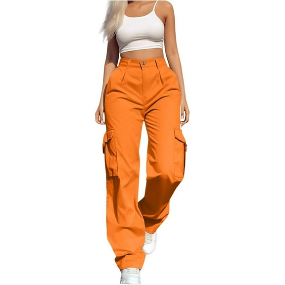 yueewhu Women's Hiking Wide Leg Cargo Pants Lightweight Quick Dry Outdoor Buttons High Waisted Workout Pants with Pockets (Orange, XL)