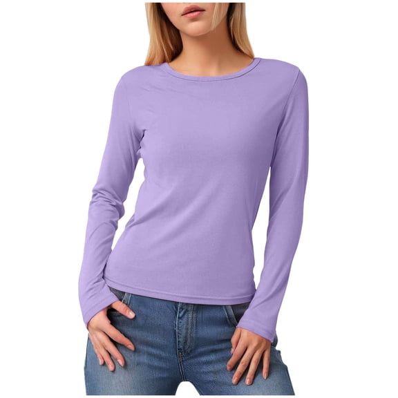 yueewhu Women's Long Sleeve Shirts Spring 2026 Casual Basic Going Out Crop Tops Slim Fit Tight Y2K Clothes (Purple, XL)