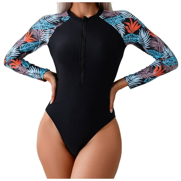 yueewhu Women's Long Sleeve Swimsuit One Piece Rash Guard UV Protection Bathing Suit Printed Surfing (Black, L)
