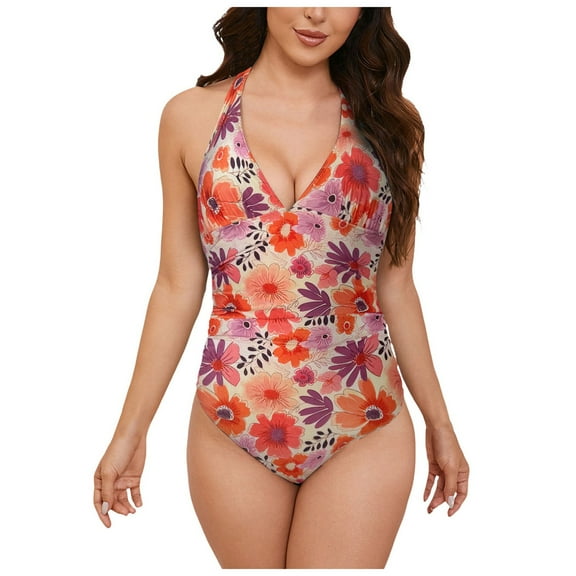 yueewhu Women's One Piece Swimsuit Tummy Control Halter Ruched Deep V Neck Bathing Suits (Pink, XL)