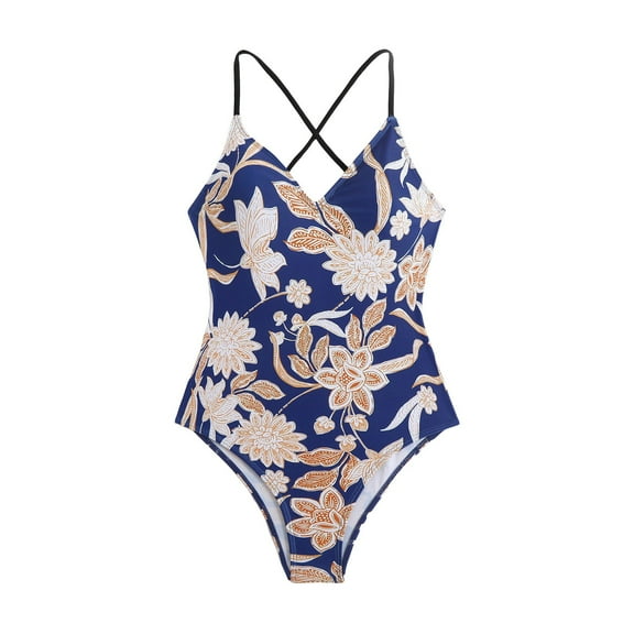 yueewhu Women's One Piece Swimsuit Tummy Control V Neck Bathing Suits (Navy, L)