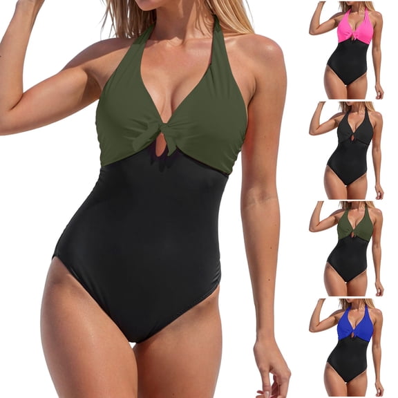 yueewhu Women's One Piece Swimsuits Halter Bathing Suits Knot Front Push Up Swim Suits Tummy Control Swimwear (Red, L)