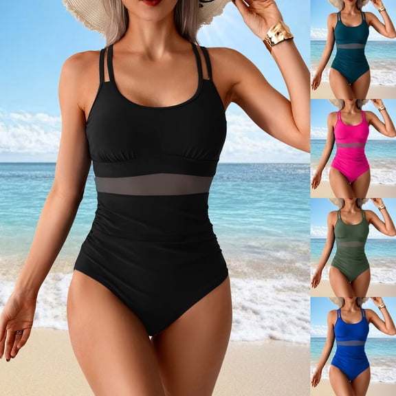 yueewhu Women's One Piece Swimsuits Tummy Control Bathing Suit Modest Scoop Neck Ruched Adjustable Straps Swimming Suit (Green, XXL)