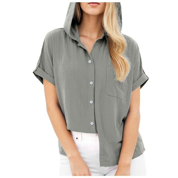 yueewhu Women's Raglan Short Sleeve Hooded T-Shirt V Neck Button Cotton Linen Summer Loose Fit Blouse Tops with Pocket (Grey, L)