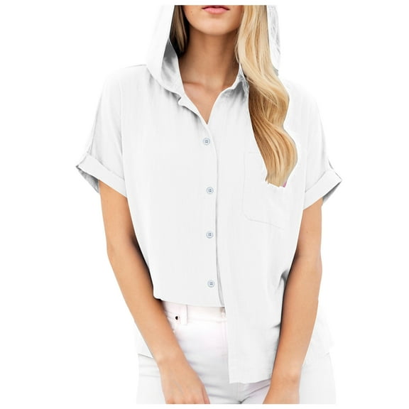 yueewhu Women's Raglan Short Sleeve Hooded T-Shirt V Neck Button Cotton Linen Summer Loose Fit Blouse Tops with Pocket (White, S)