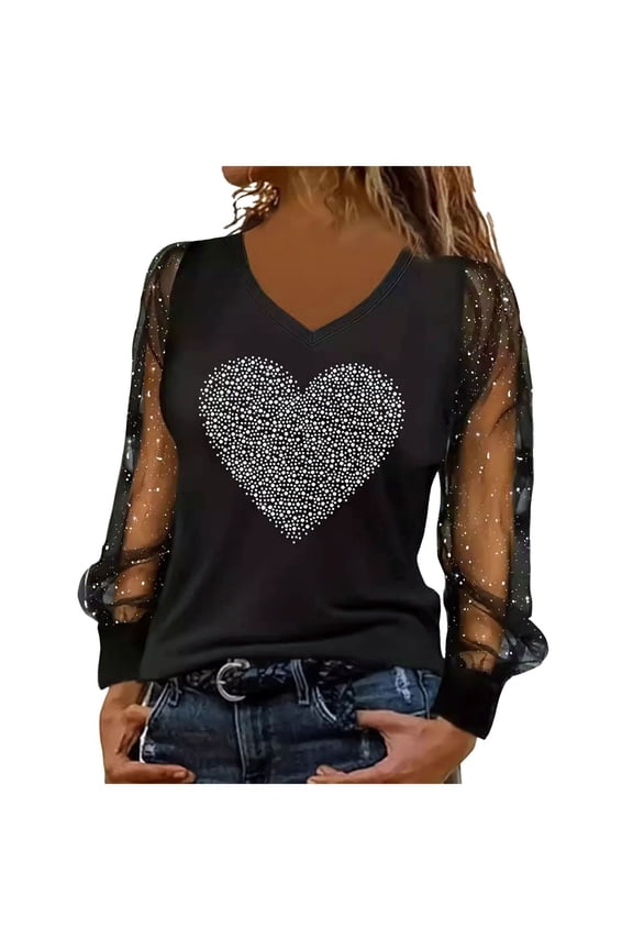 Women's Rhinestone Tops V Neck Sheer Long Sleeve Sequin Heart Valentine's Day T Shirt Blouses (Black, XXL)