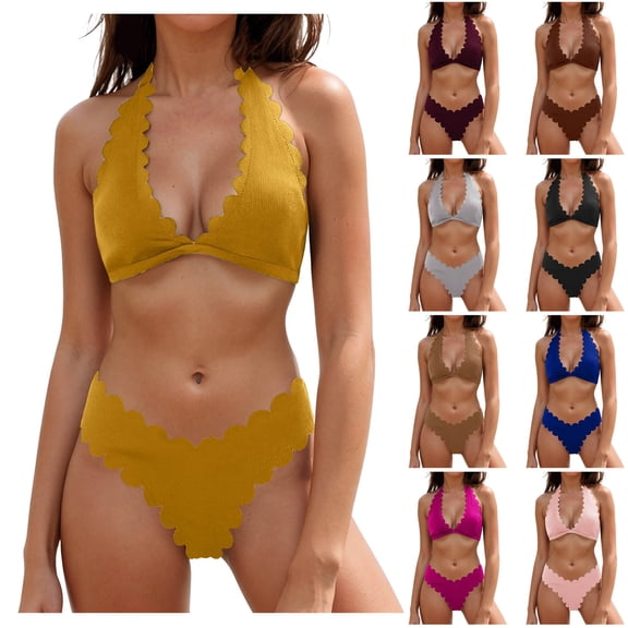 yueewhu Women's Scolloped Lace Patchwork Halter Neck Knot Two Pieces Bikini Sets (Coffee, L)