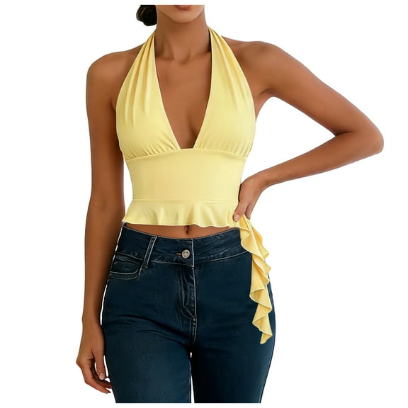 yueewhu Women's Sexy Deep V-Neck Halter Crop Top Summer Beach Vacation Clothes Y2K Trendy Tank Top for Going Out Party (Yellow, XL)