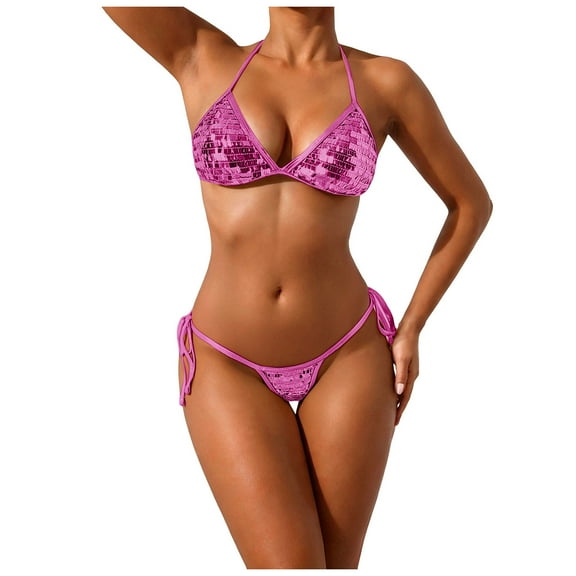 yueewhu Women's Shiny Triangle Bikini Set Sequin Halter String Backless Tie Side Thong Two Piece Swimsuit Bathing Suit (Pink, L)