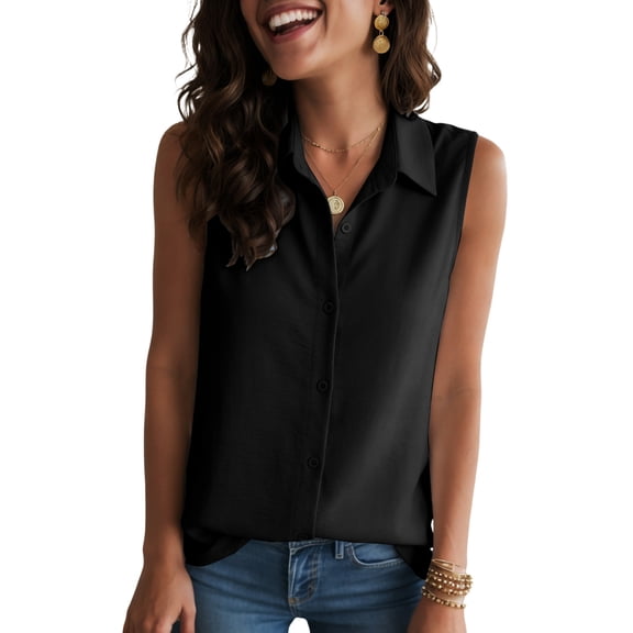yueewhu Women's Sleeveless Button Down Shirts Blouses Solid Casual Basic V Neck Tank Tops for Work (Black, L)