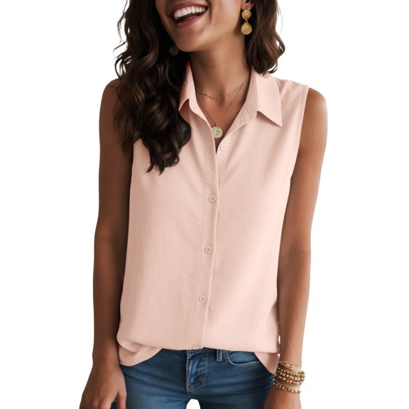 yueewhu Women's Sleeveless Button Down Shirts Blouses Solid Casual Basic V Neck Tank Tops for Work (Pink, S)
