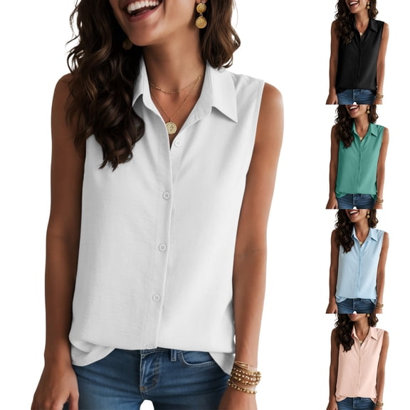 yueewhu Women's Sleeveless Button Down Shirts Blouses Solid Casual Basic V Neck Tank Tops for Work (White, XL)