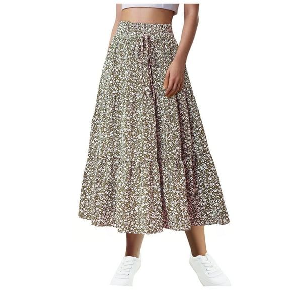 yueewhu Women's Smocked High Waist Maxi Skirt Casual Boho Long Skirts with Pockets (Khaki, XL)