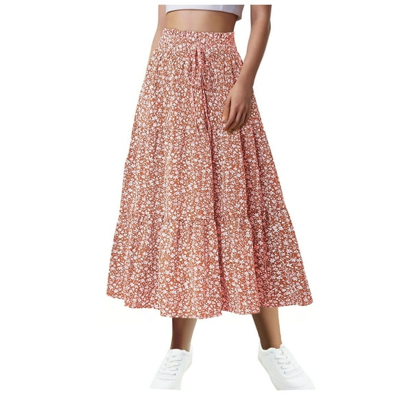 yueewhu Women's Smocked High Waist Maxi Skirt Casual Boho Long Skirts with Pockets (Orange, XL)