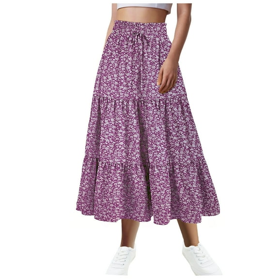 yueewhu Women's Smocked High Waist Maxi Skirt Casual Boho Long Skirts with Pockets (Purple, M)