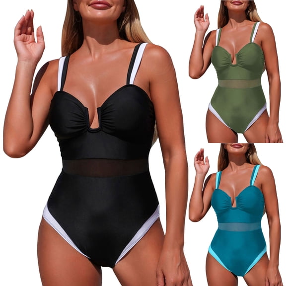 yueewhu Women's Two Tone Patchwork One Piece Swimsuit U Hardware Cutout Bathing Suit (Army Green, XL)