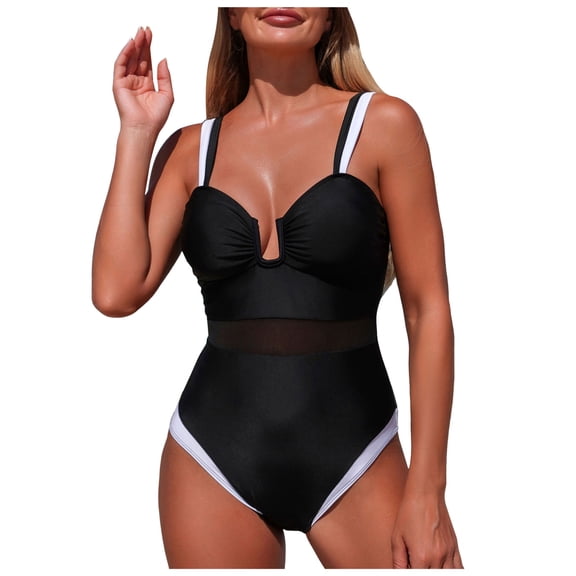 yueewhu Women's Two Tone Patchwork One Piece Swimsuit U Hardware Cutout Bathing Suit (Black, S)