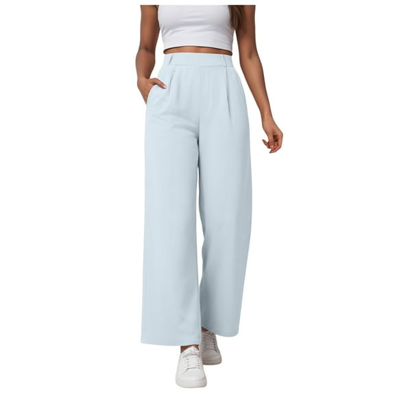 yueewhu Women's Wide Leg Pants Elastic High Waisted Waffle Knit Casual Palazzo Pants Trousers with Pockets (Sky Blue, 4XL)