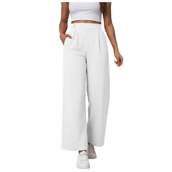 yueewhu Women's Wide Leg Pants Elastic High Waisted Waffle Knit Casual Palazzo Pants Trousers with Pockets (White, XS)