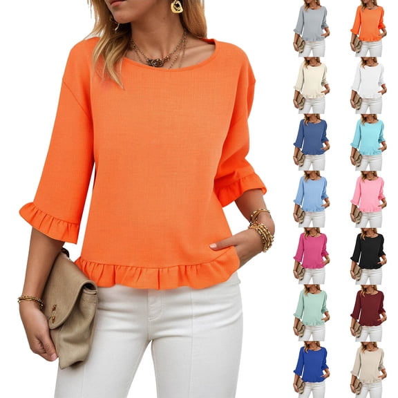 yueewhu Womens 3/4 Length Sleeve Tops Loose Fit Casual Crew Neck Shirts Ruffle Tunic Blouses (Red, XXL)