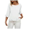 thumbnail image 1 of yueewhu Womens 3/4 Length Sleeve Tops Loose Fit Casual Crew Neck Shirts Ruffle Tunic Blouses (White, XL), 1 of 7