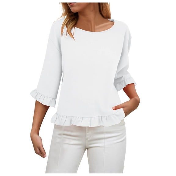 yueewhu Womens 3/4 Length Sleeve Tops Loose Fit Casual Crew Neck Shirts Ruffle Tunic Blouses (White, XXL)