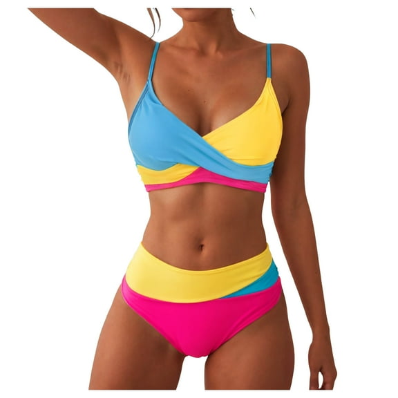 yueewhu Womens Bathing Suits Sexy Color Block Cross Tie High Waisted Bikini Swimwear Sets Two Piece Plus Size Swimsuits (Yellow, L)