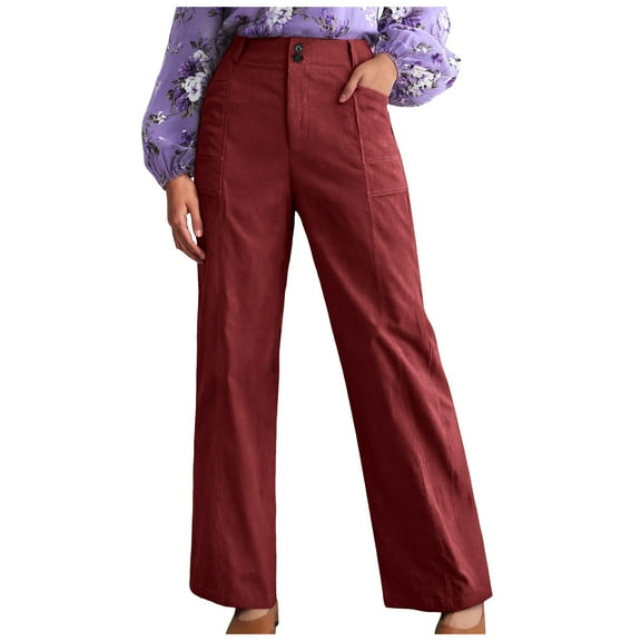 yueewhu Womens Casual Button Zipper High Waisted Straight Leg Wide Leg Corduroy Pants with Pockets Trousers (Wine, L)