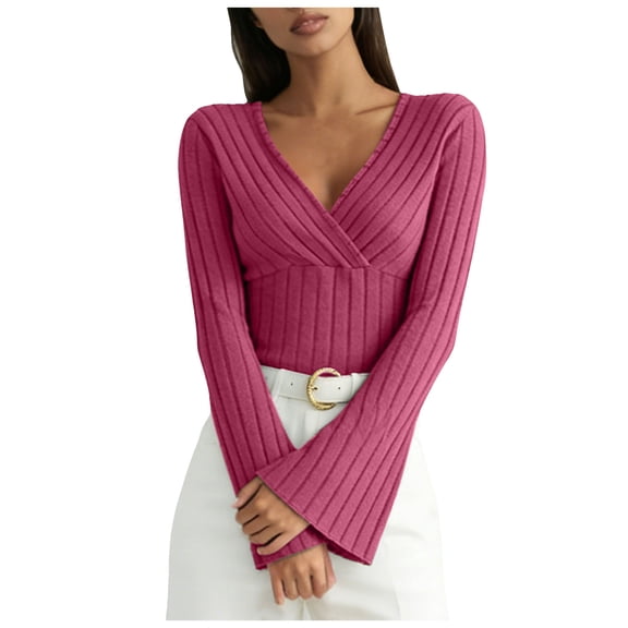 yueewhu Womens Deep V Neck Flare Sleeve Shirt Casual Loose Slim-Fitted Knitted Fall Tops Sexy Wrap Sweater (Hot Pink, XS)