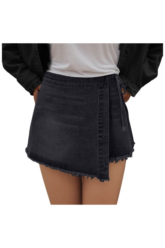 Womens Denim Shorts Skorts Y2k Side Tie-up Bow High Waist Asymmetrical Frayed Hem Denim Shorts Wrap Jean Mini Skirt (Black, L)