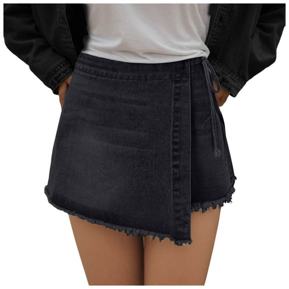 yueewhu Womens Denim Shorts Skorts Y2k Side Tie-up Bow High Waist Asymmetrical Frayed Hem Denim Shorts Wrap Jean Mini Skirt (Black, M)