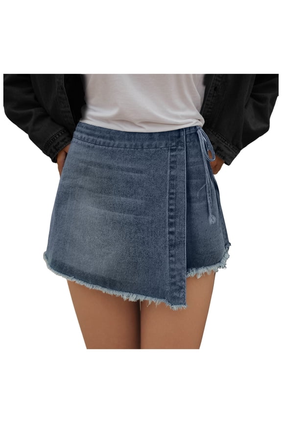Womens Denim Shorts Skorts Y2k Side Tie-up Bow High Waist Asymmetrical Frayed Hem Denim Shorts Wrap Jean Mini Skirt (Blue, M)