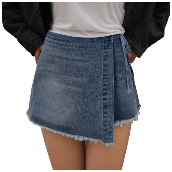yueewhu Womens Denim Shorts Skorts Y2k Side Tie-up Bow High Waist Asymmetrical Frayed Hem Denim Shorts Wrap Jean Mini Skirt (Blue, S)