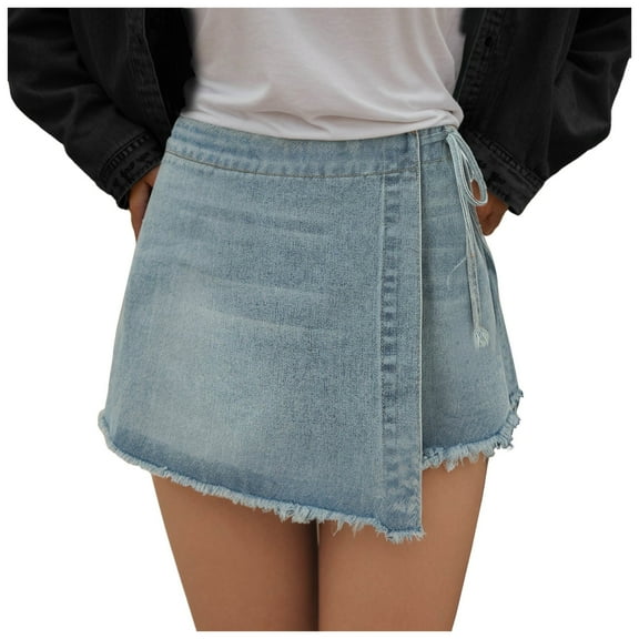 yueewhu Womens Denim Shorts Skorts Y2k Side Tie-up Bow High Waist Asymmetrical Frayed Hem Denim Shorts Wrap Jean Mini Skirt (Light Blue, M)