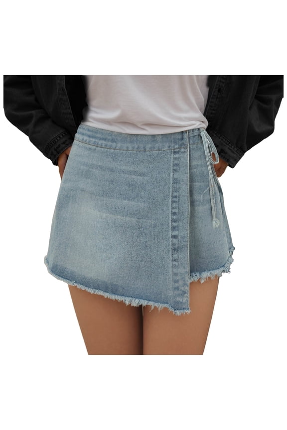 Womens Denim Shorts Skorts Y2k Side Tie-up Bow High Waist Asymmetrical Frayed Hem Denim Shorts Wrap Jean Mini Skirt (Light Blue, M)