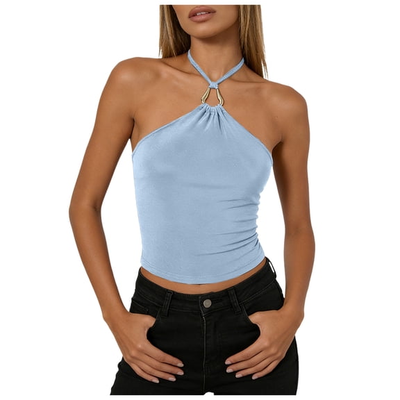 yueewhu Womens Halter Tank Tops Sexy Sleeveless Backless Slim Fit Crop Cami Summer Going Out Tops Streetwear (Light Blue, L)