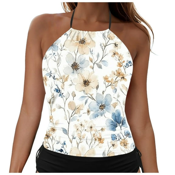 yueewhu Womens' High Neck Tankini Top Only Bathing Suit Modest Swimsuit Swim Top (Beige, M)