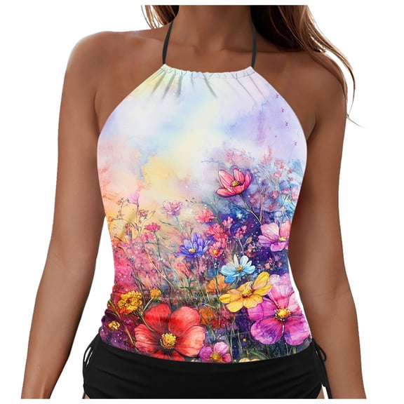 yueewhu Womens' High Neck Tankini Top Only Bathing Suit Modest Swimsuit Swim Top (Hot Pink, XXL)